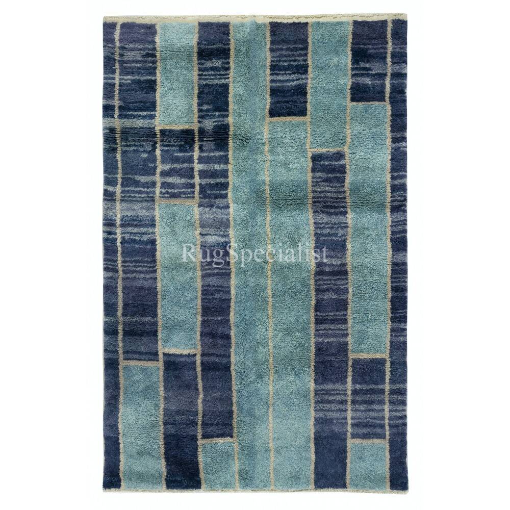 Contemporary Hand-Knotted Tulu Rug in Blue Tones, 100% Wool, Custom Options Available