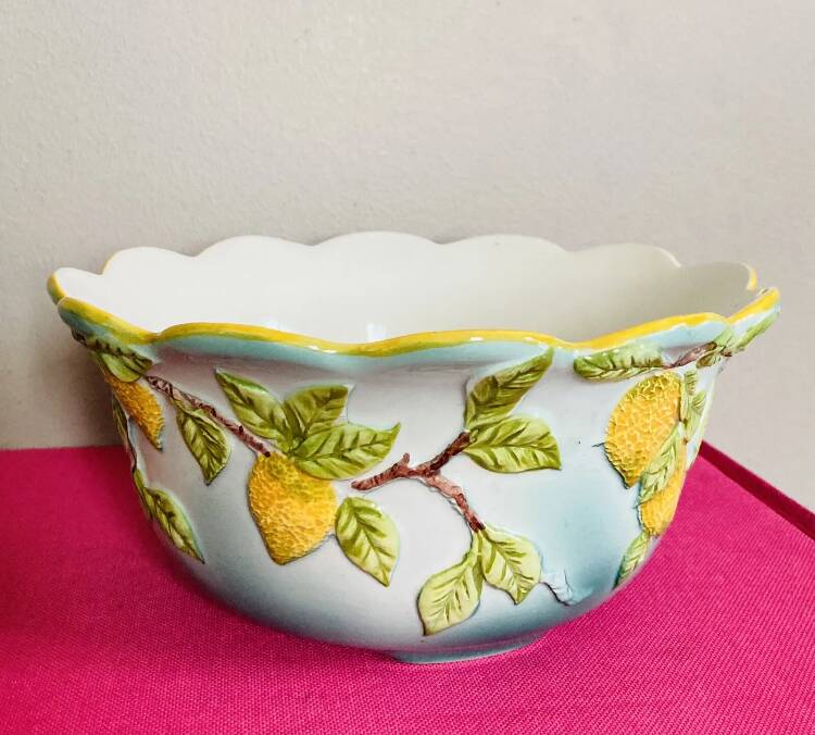 Ceramic cup decorated with lemons in relief, artist GV, 20th century