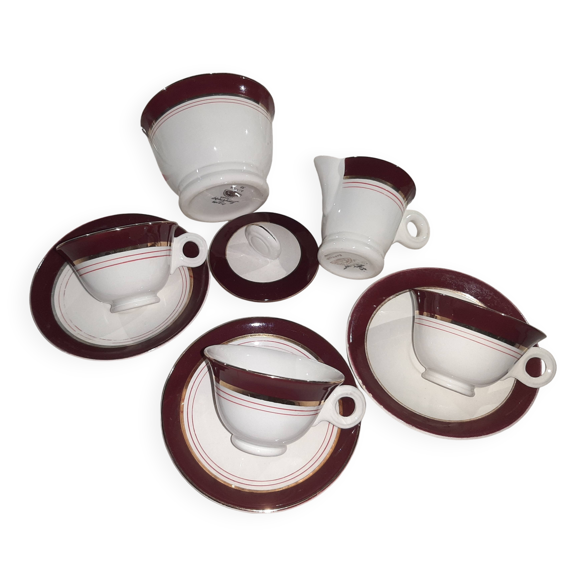 Vintage coffee service for 3 people in cream white with gold burgundy edging