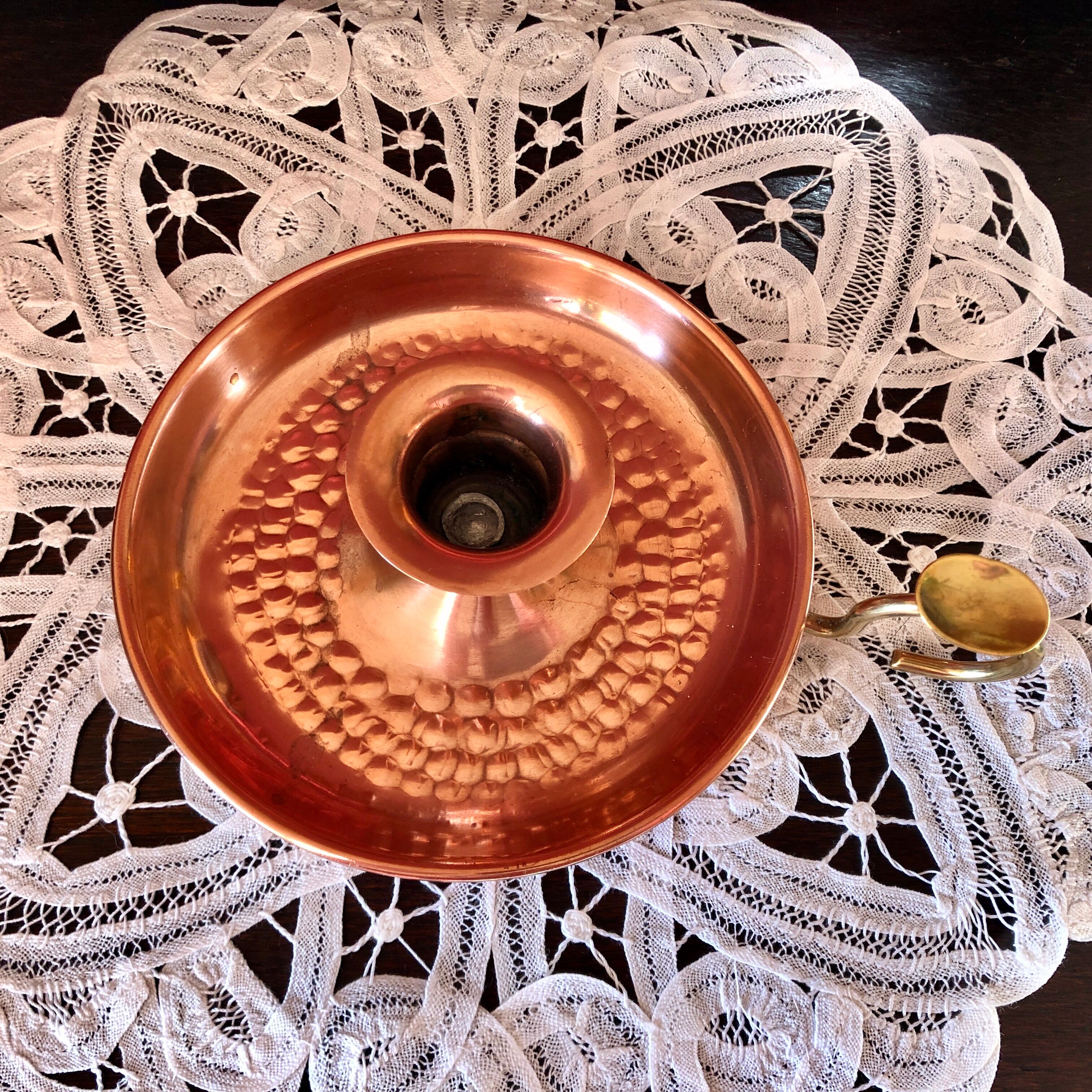 Hammered red copper and brass hand candle holder