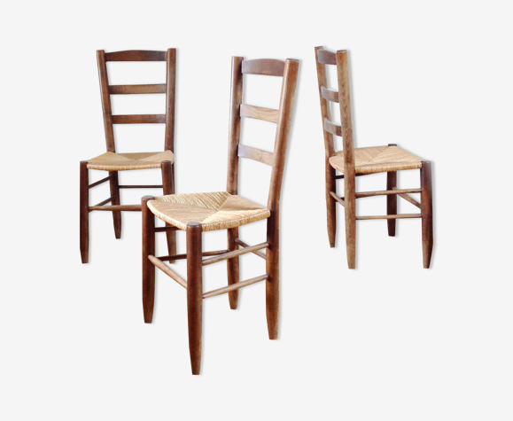 3 chaises rustiques en bois assises paillées | Selency