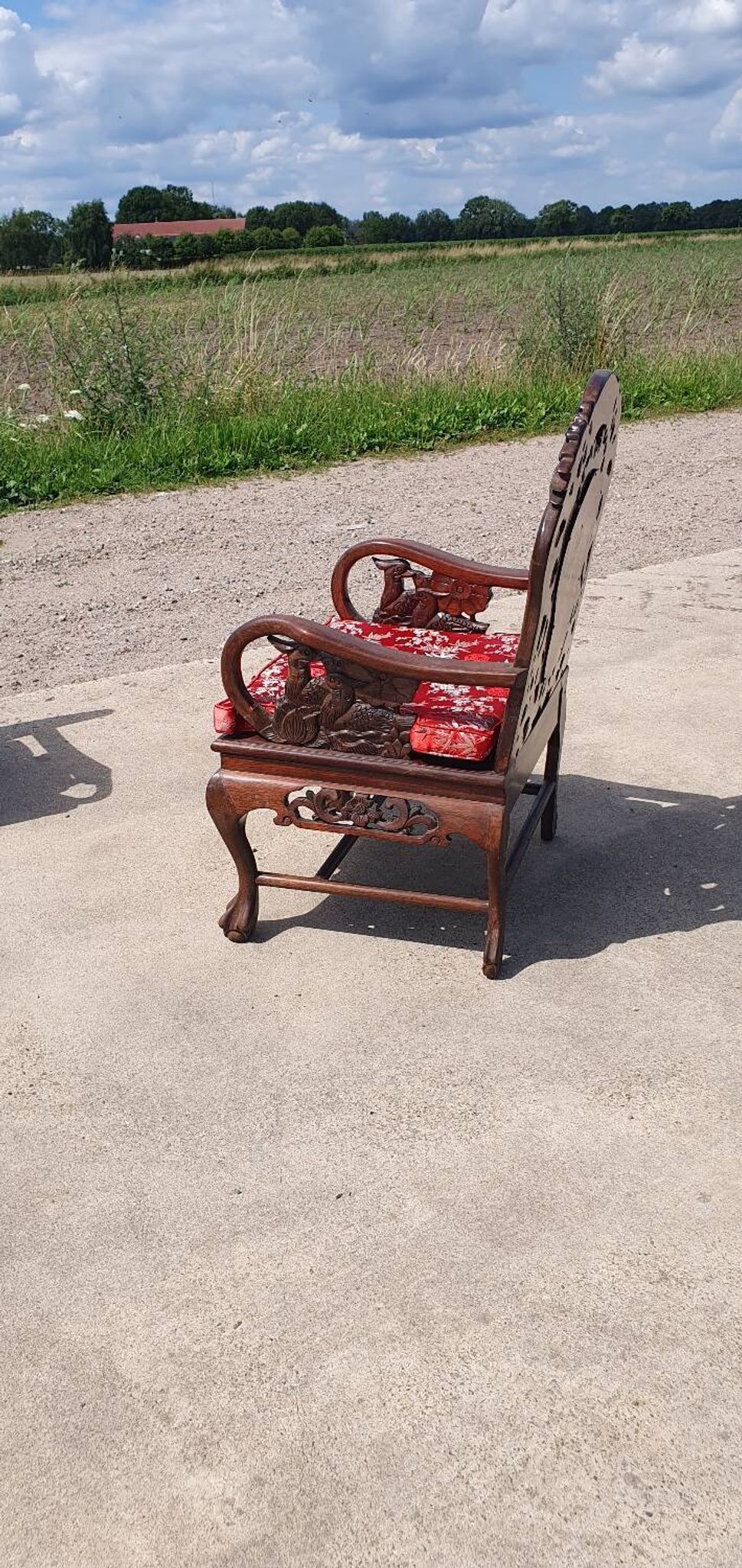 Set of 2 vintage Chinese Asian chairs in carved rosewood with marble.