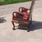 Set of 2 vintage Chinese Asian chairs in carved rosewood with marble.