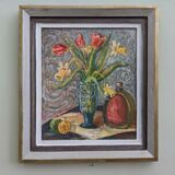 Mid-Century Modern "Still Life with Tulips" Swedish Vintage Expressionist Still Life Oil Painting, F