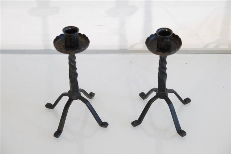 Pair of brutalist hammered iron candlesticks 1960