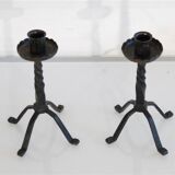 Pair of brutalist hammered iron candlesticks 1960
