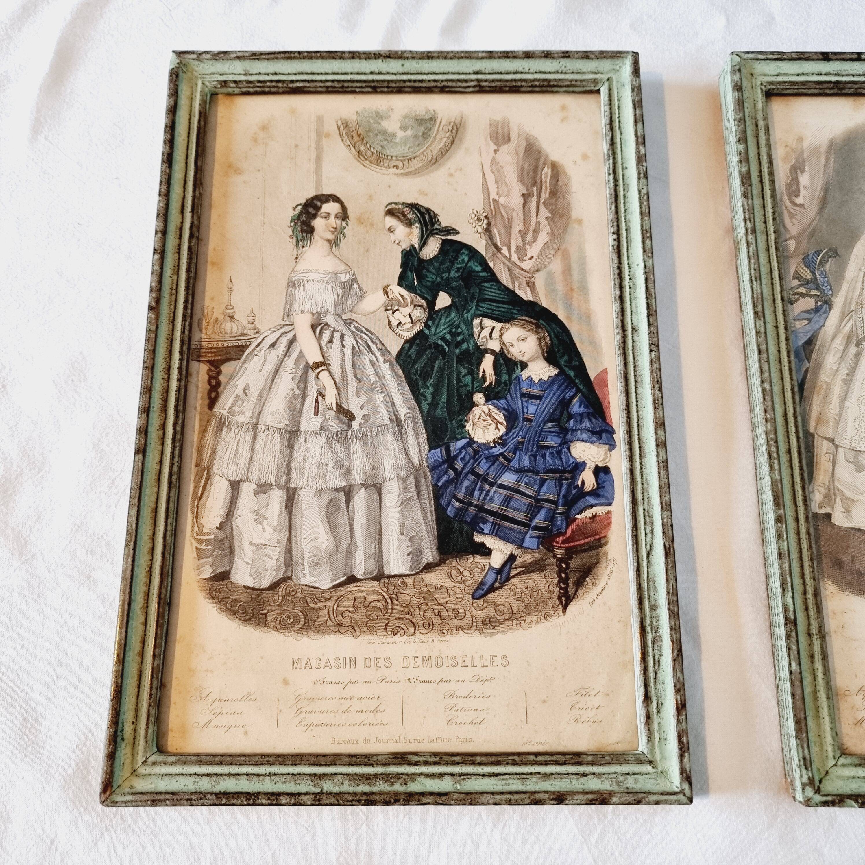 Lot de 4 tableaux avec gravures de mode originales de la fin du 19ème siècle