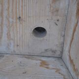 Large whitewashed wooden trench, solid driftwood, 1940s farmhouse style.