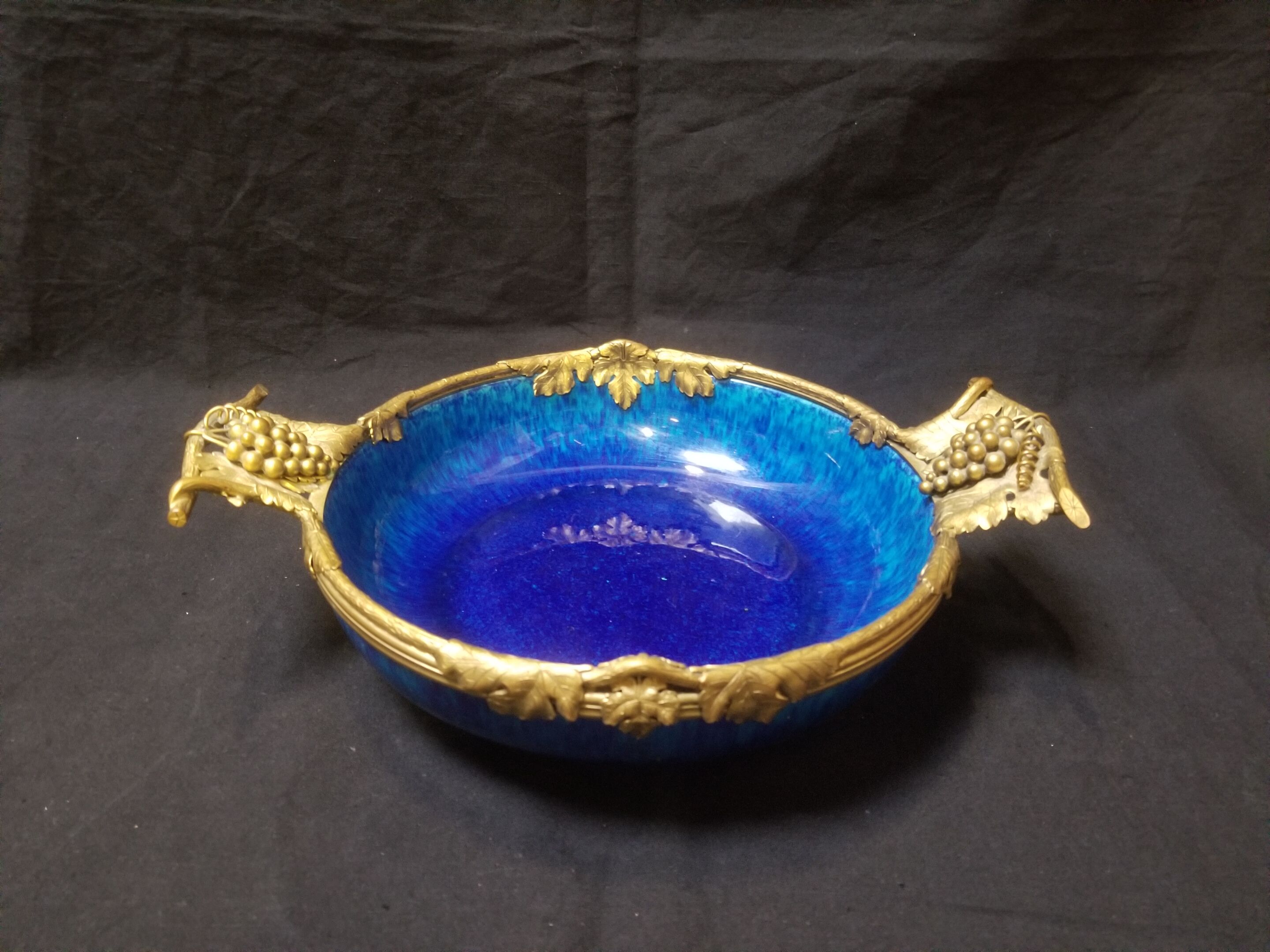 Cobalt blue fruit cup in Sèvres Porcelain and Bronze signed Paul Milet