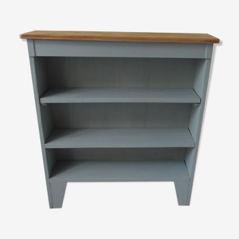 Vintage pearl grey green bookcase, 2 shelves, pitchpin top