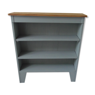 Vintage pearl grey green bookcase, 2 shelves, pitchpin top
