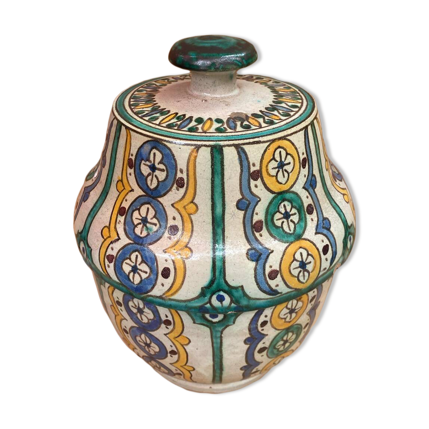 Old Jobbana Butter Jar Morocco Polychrome Earthenware 19th Century Vintage #B084