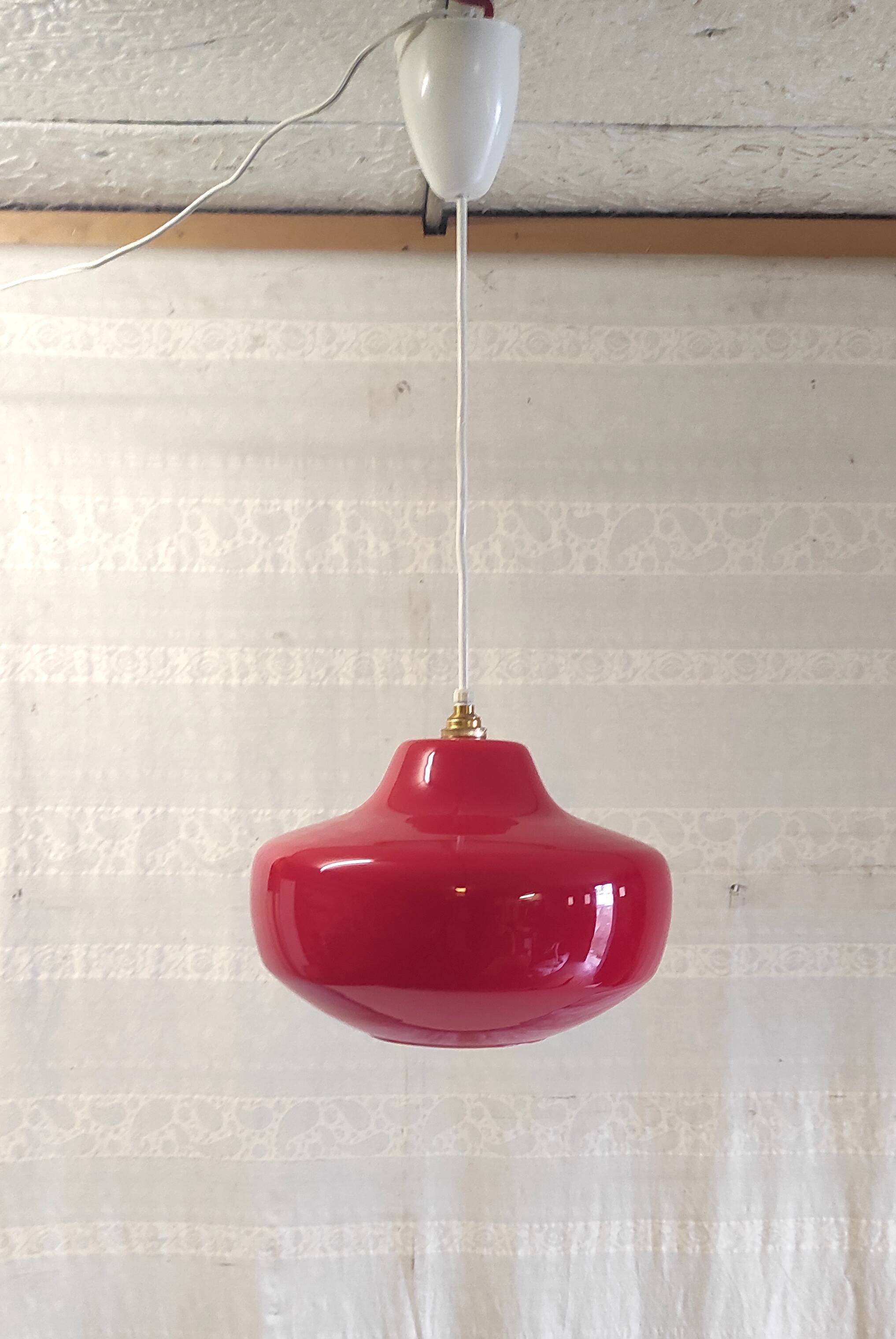 Vintage red glass pendant light from the 70s