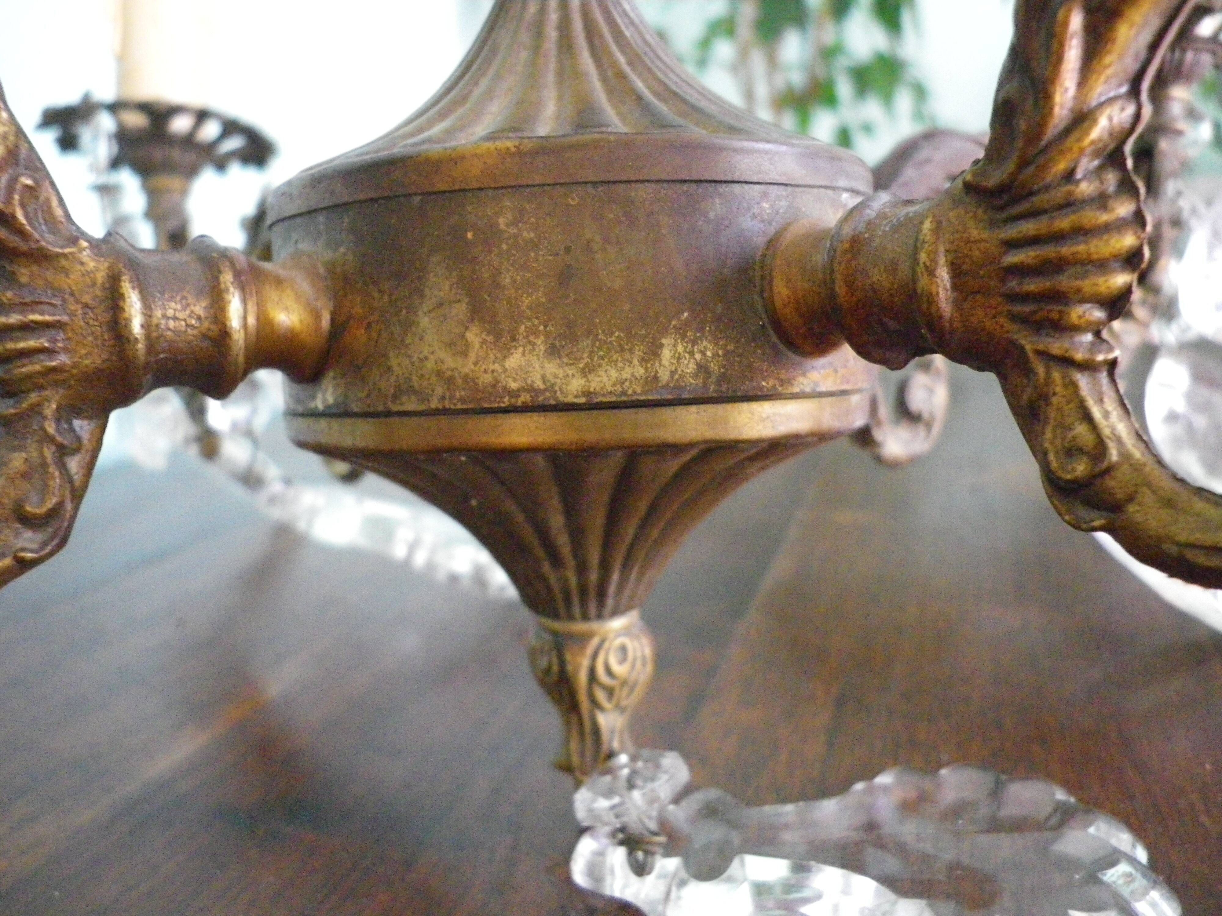 Rococo chandelier with crystal pendants, 4 lights, brass and metal 1950/1960