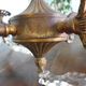 Rococo chandelier with crystal pendants, 4 lights, brass and metal 1950/1960