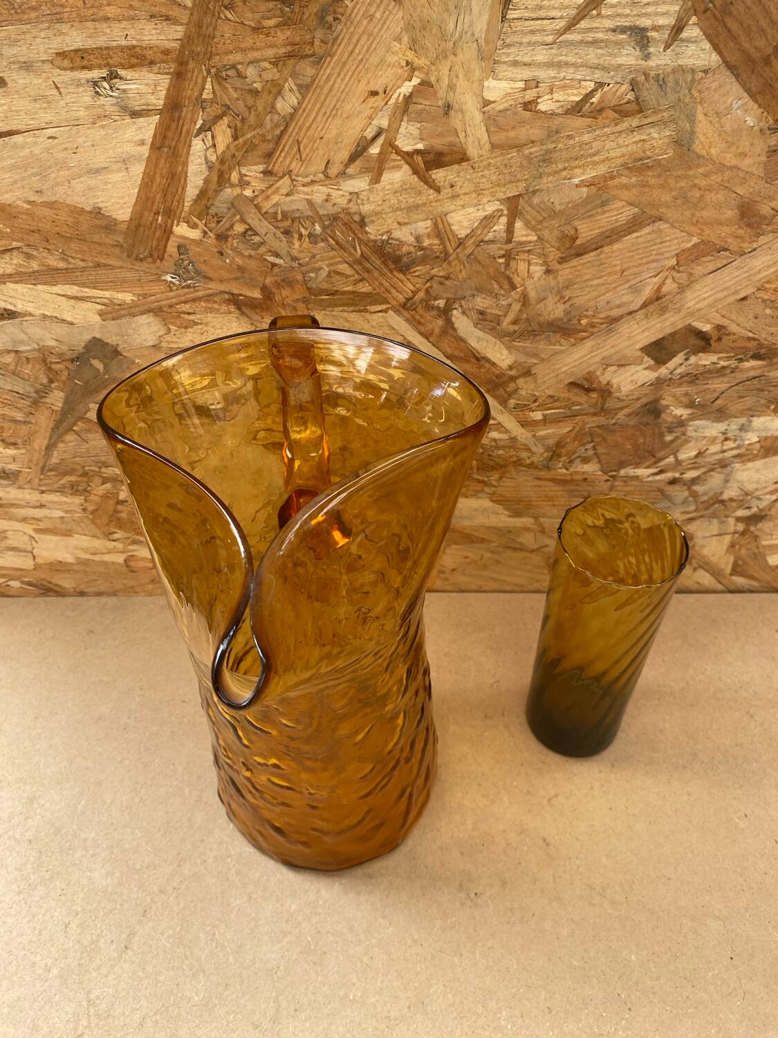 Orangeade carafe service + 5 vintage orange blown glass glasses