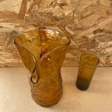 Ancien service a orangeade carafe + 5 verres verre soufflé orange vintage