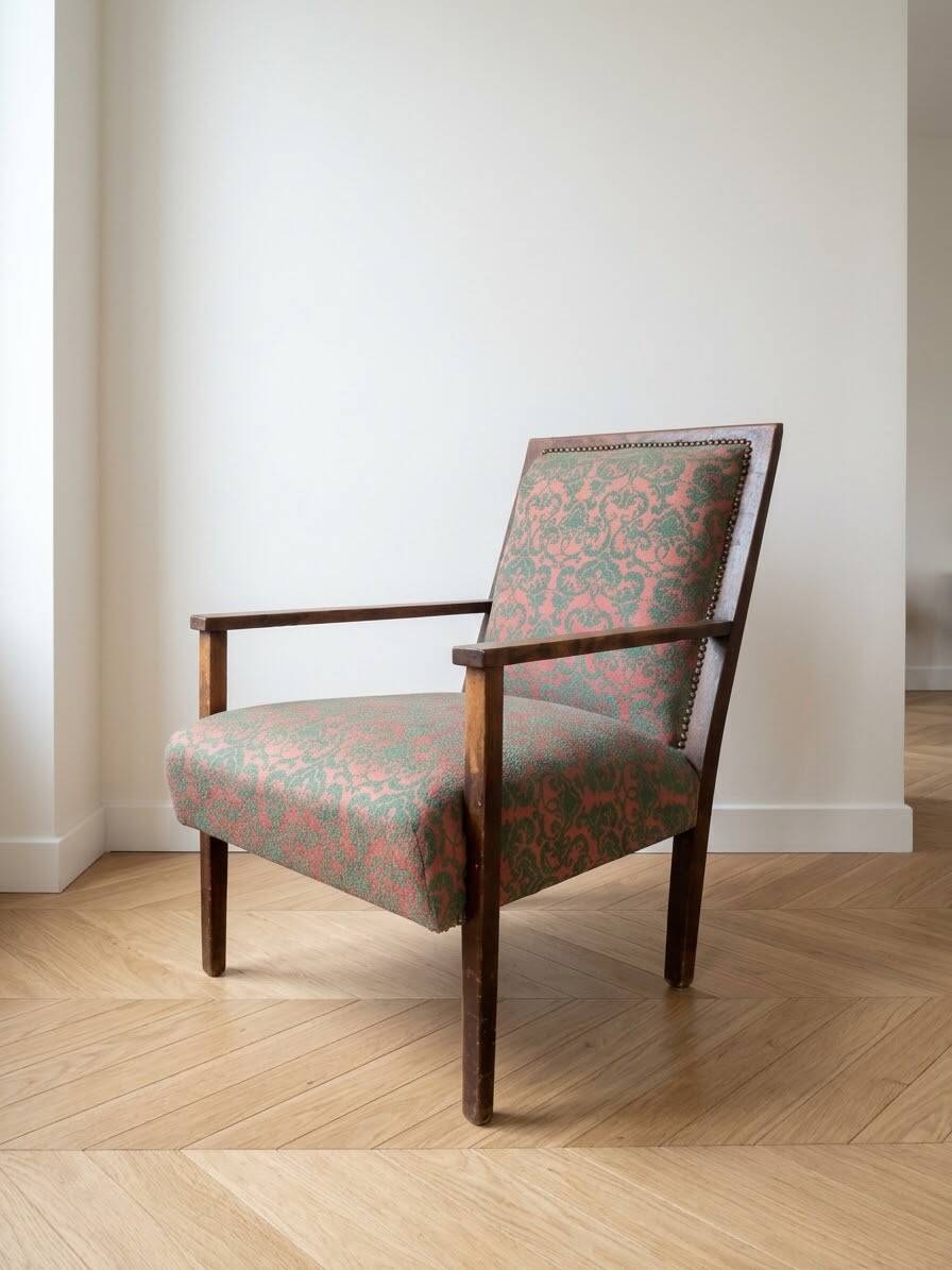 Fauteuil Ancien en Bois Massif et Tissu Rouge et Vert