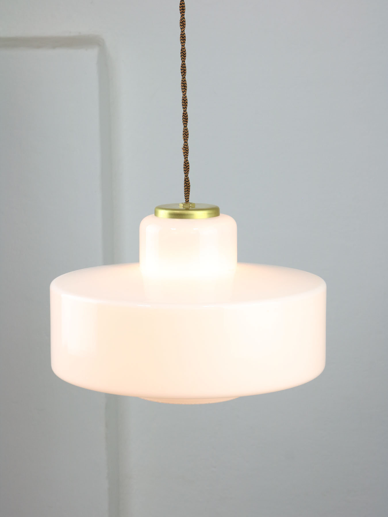 Mid-century Italian White Glass and Brass Pendant Lamp
