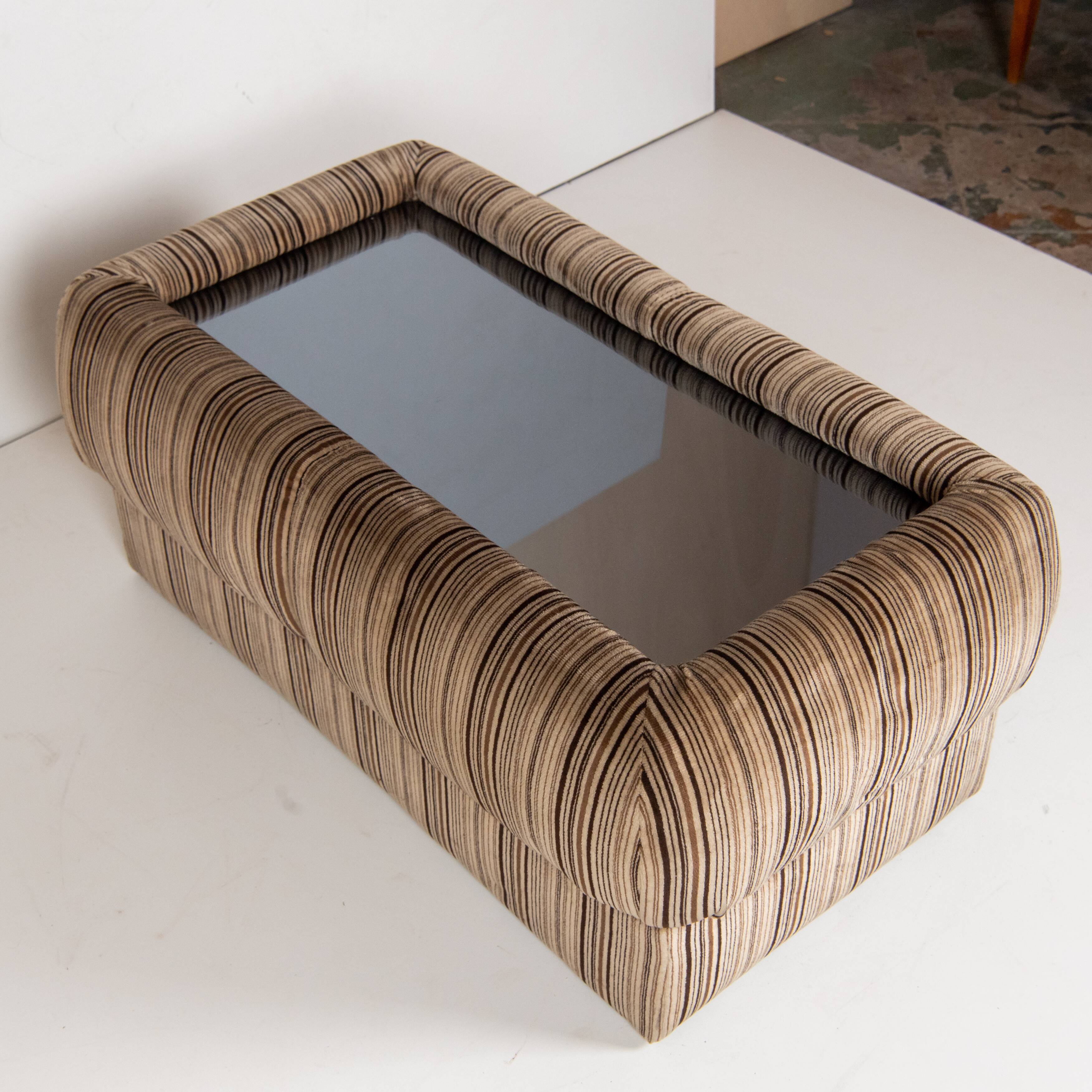 1970s vintage coffee table with velvet frame and glass top