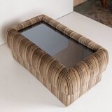 1970s vintage coffee table with velvet frame and glass top