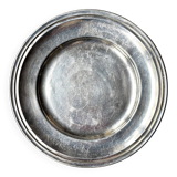 Round silver-plated metal dish monogrammed "MR"