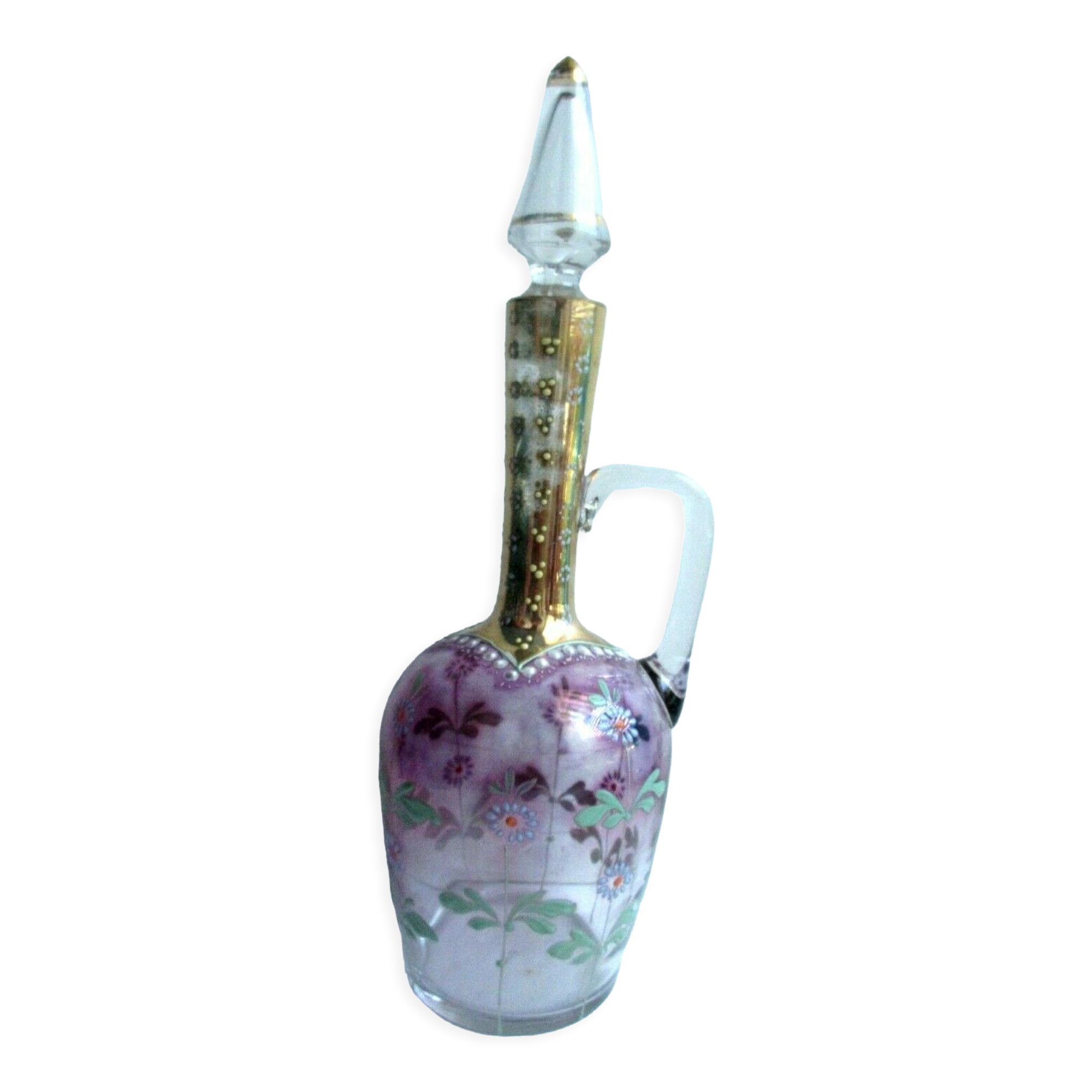 Art Nouveau ewer decanter, gilded glass and violin enamelled with daisies
