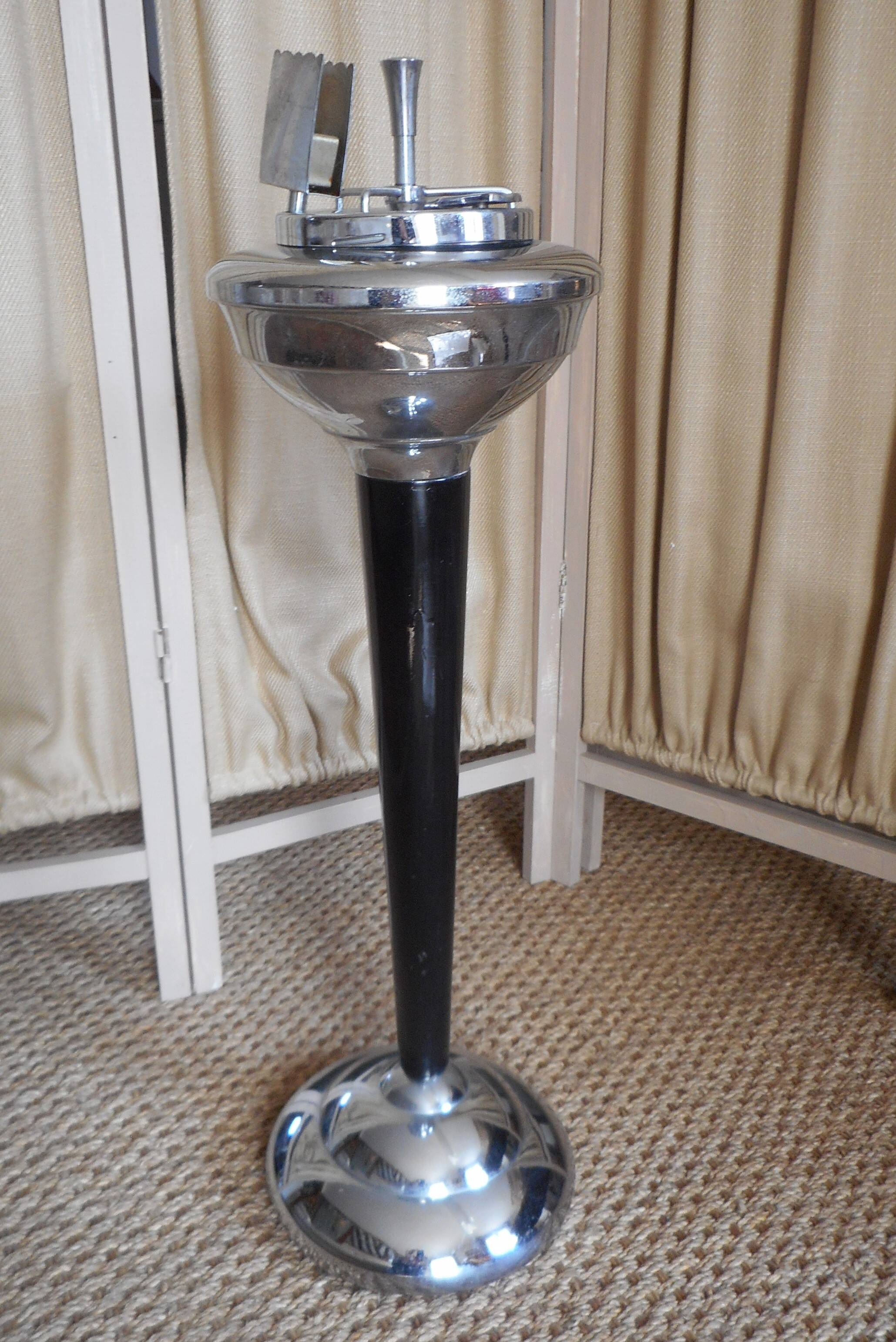 art deco chrome and black wood ashtray