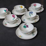 6 cups and sub-cups NBD Limoges illuminated by hand, floral patterns