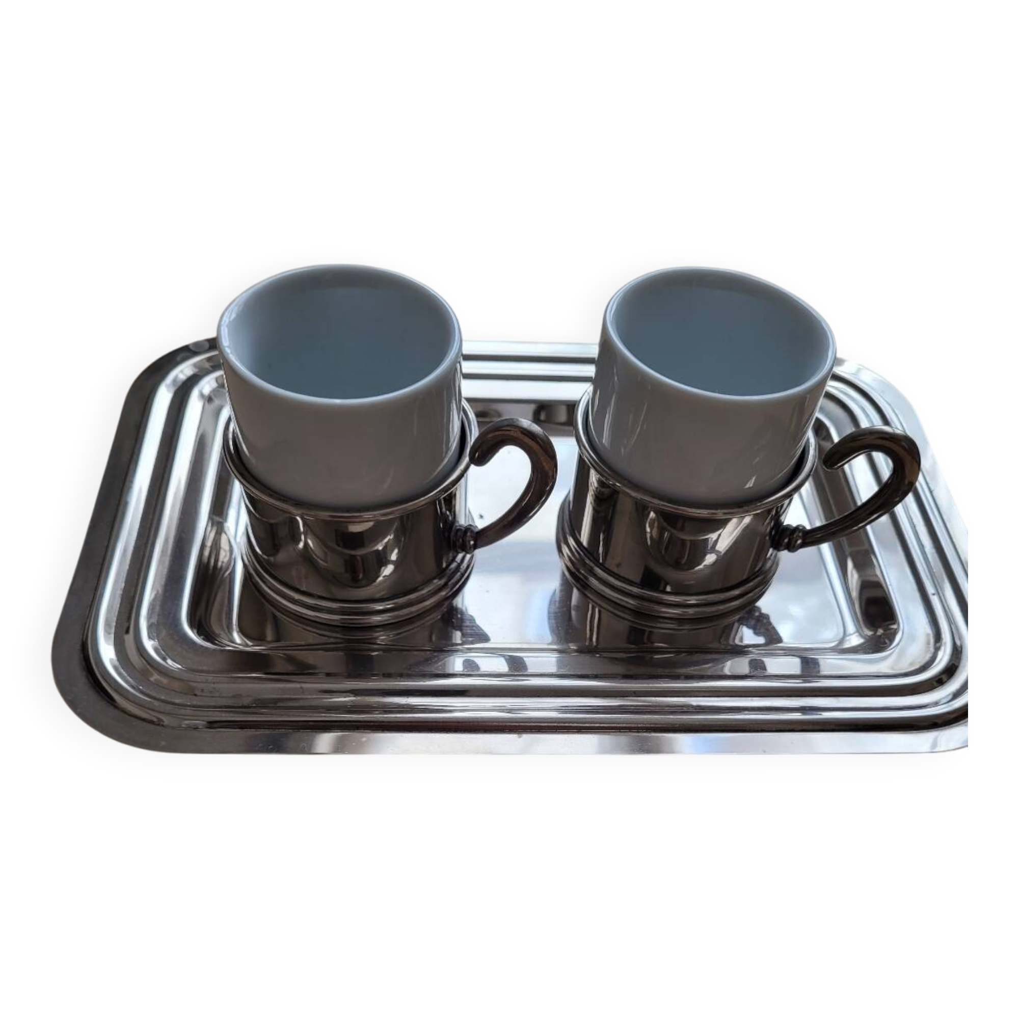 2 porcelain coffee cups with cup holder and metal tray