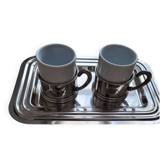 2 tasses à café en porcelaine avec porte-tasses et plateau en métal