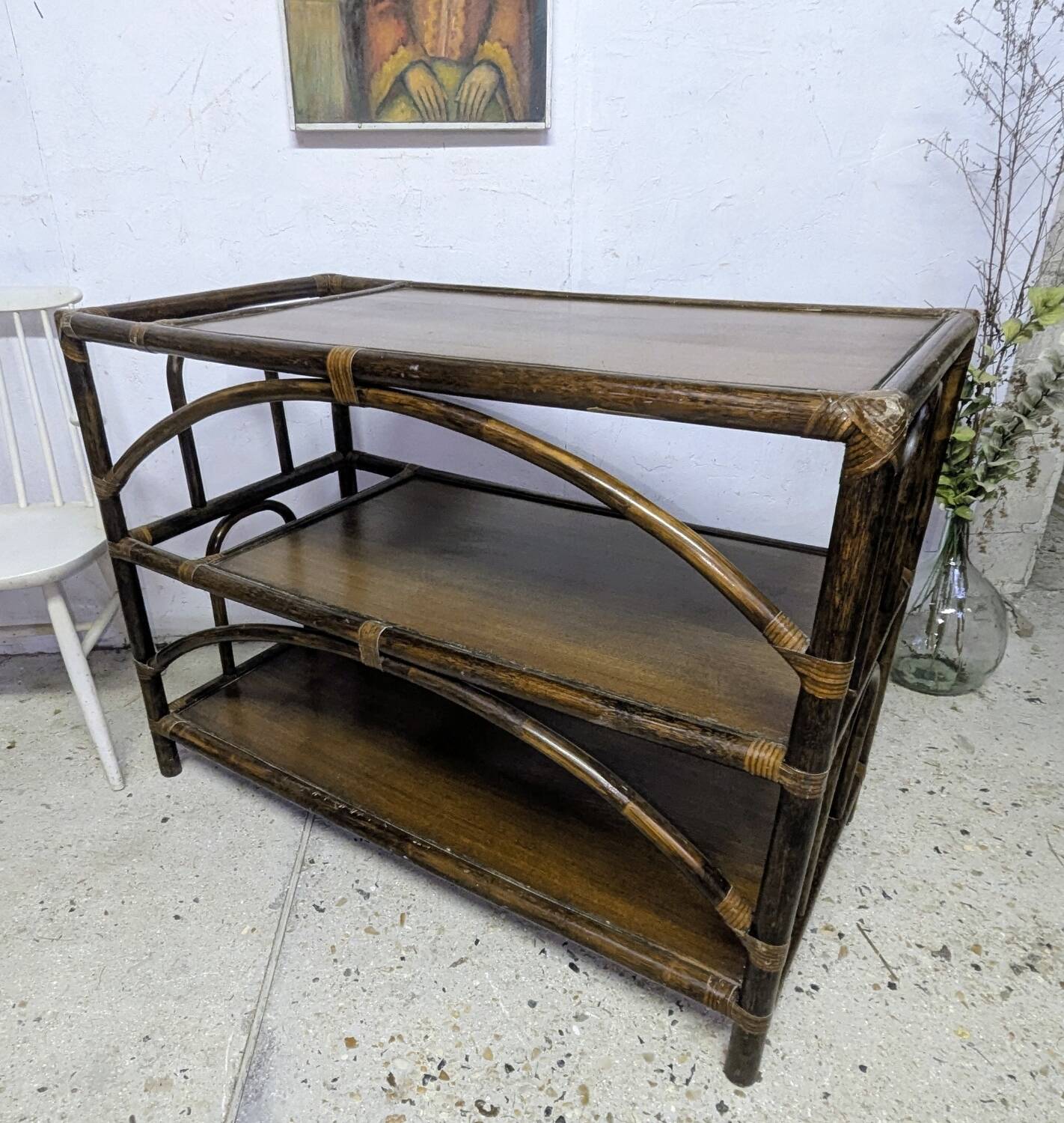 Large rattan console shelf/side table/TV/hi-fi unit