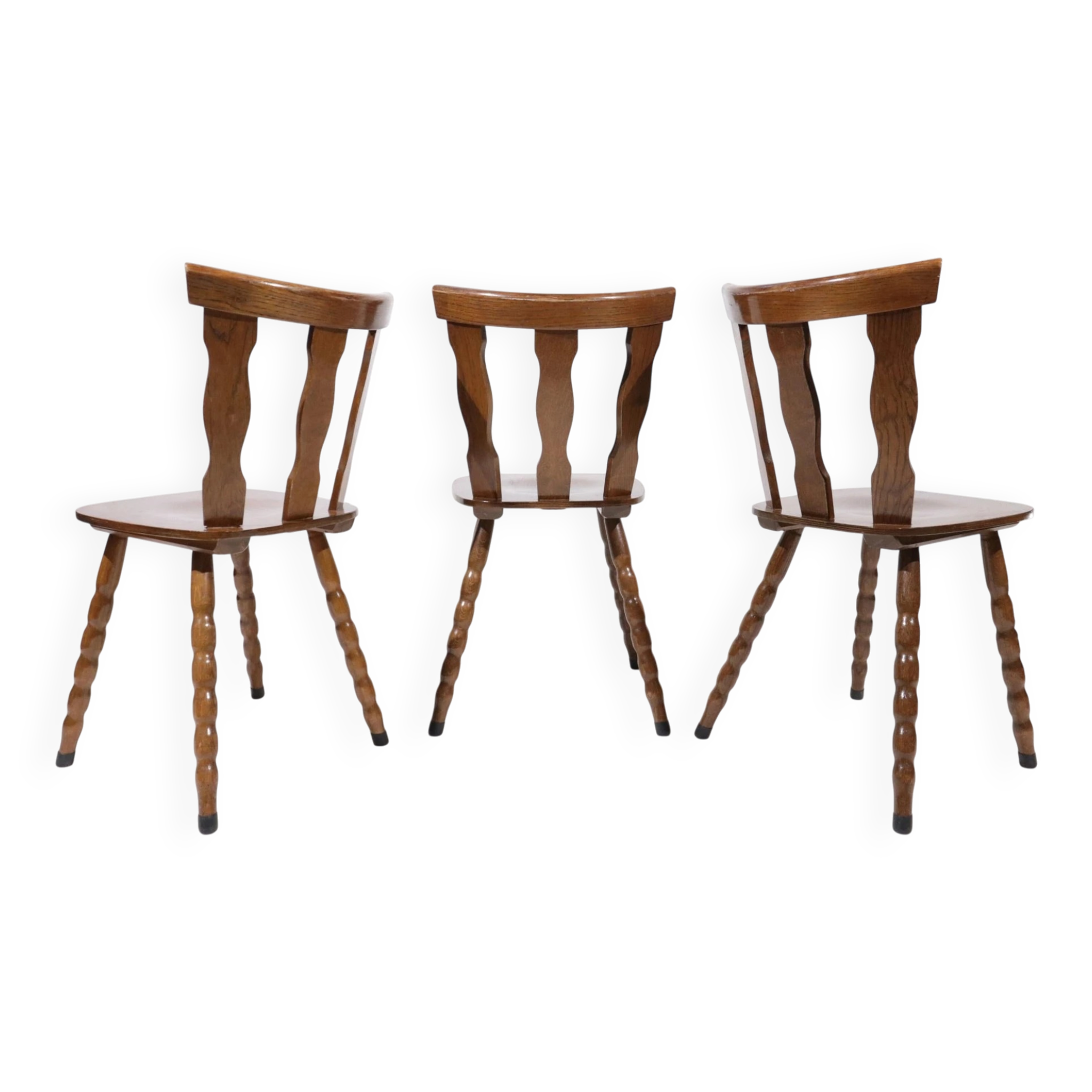 Set of 3 brutalist chairs with arched cut-outs and turned legs