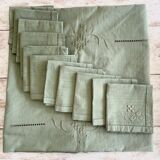 Old tablecloth and its 10 monogrammed GC towels and olive green embroidered - 225x165cm - Métis