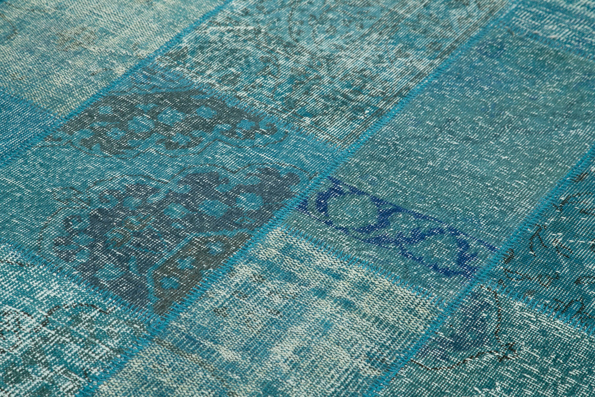 Handwoven anatolian contemporary 200 cm x 297 cm blue patchwork carpet