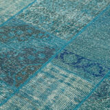 Handwoven anatolian contemporary 200 cm x 297 cm blue patchwork carpet