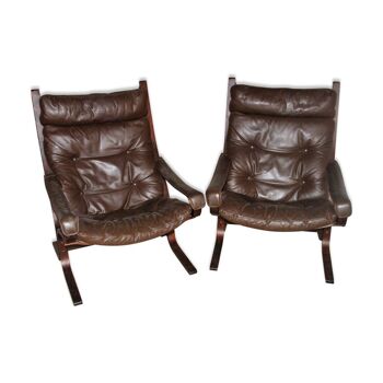 Paire de fauteuils en cuir marron par Ingmar Relling 60/70
