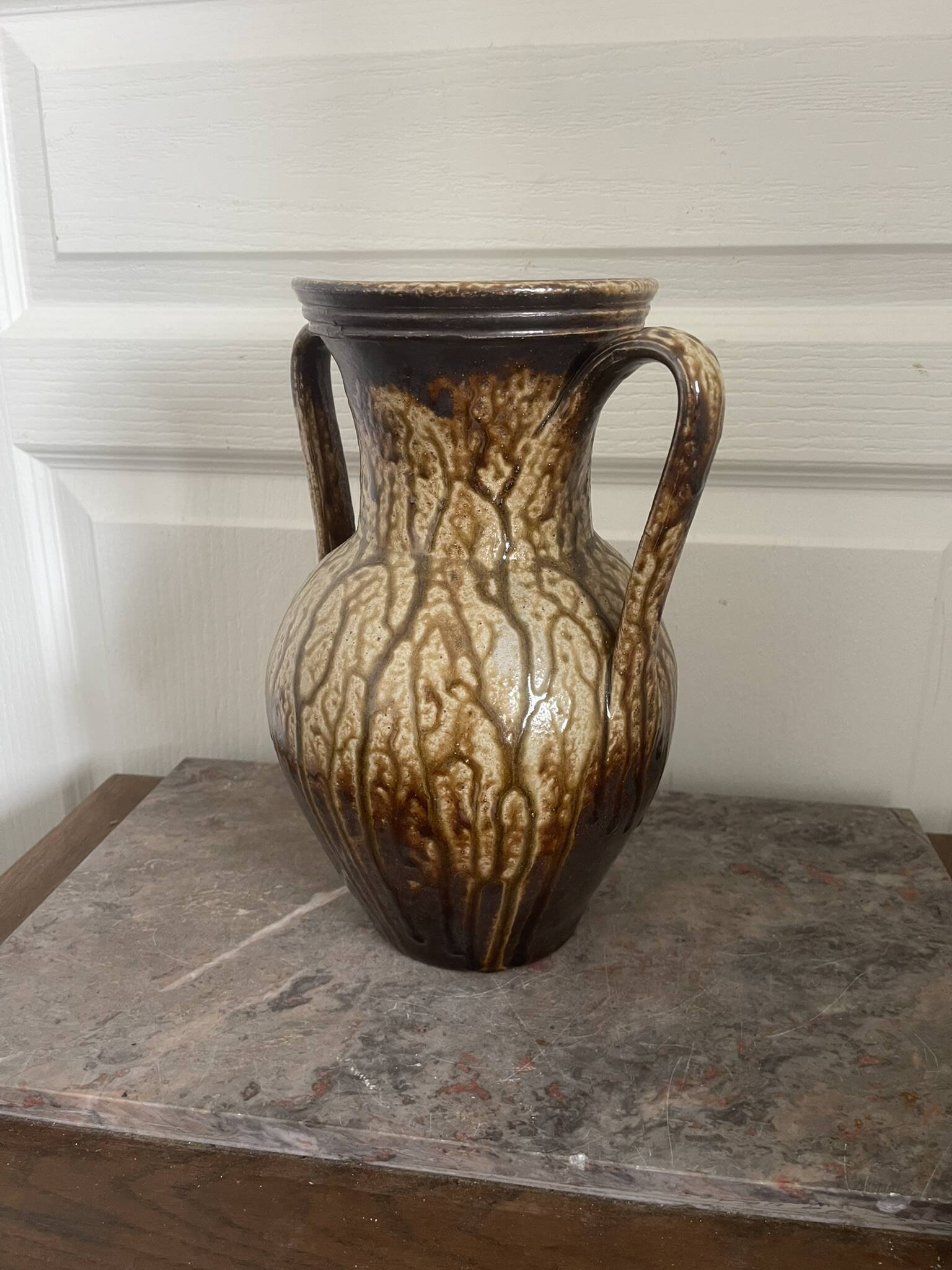 Ancien Vase Amphore Anse Grès Pyrite Vernis Emaillée Coulure Marron