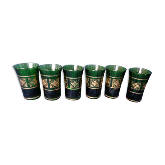 Lot de 6 verres vert décor et motif dorée