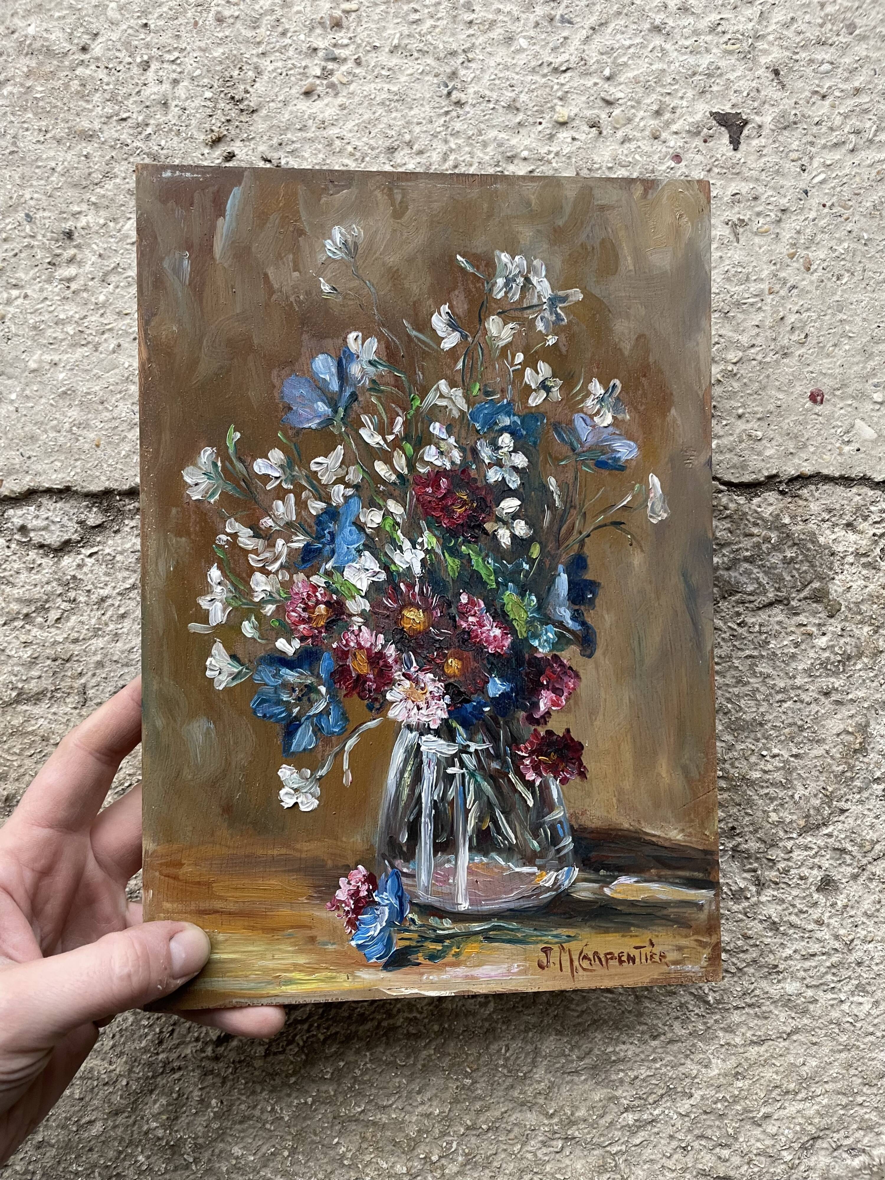 Oil on old panel, still life signed