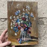 Oil on old panel, still life signed