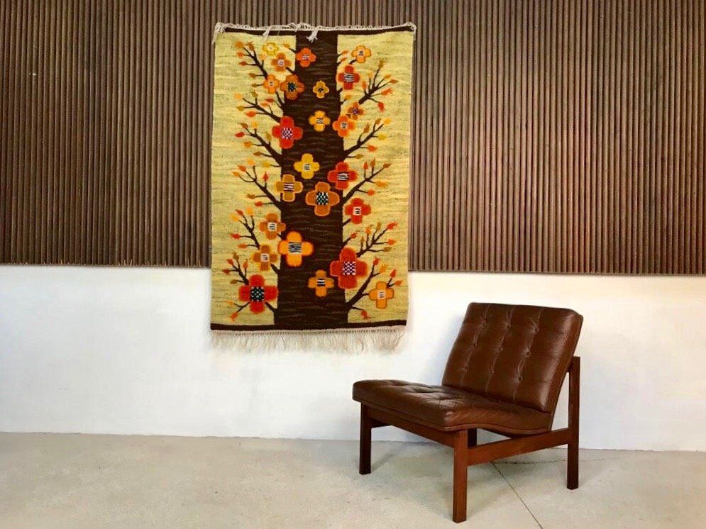 Polish kilim or wall rug with tree and blossoms motif from Cepelia, 1960s