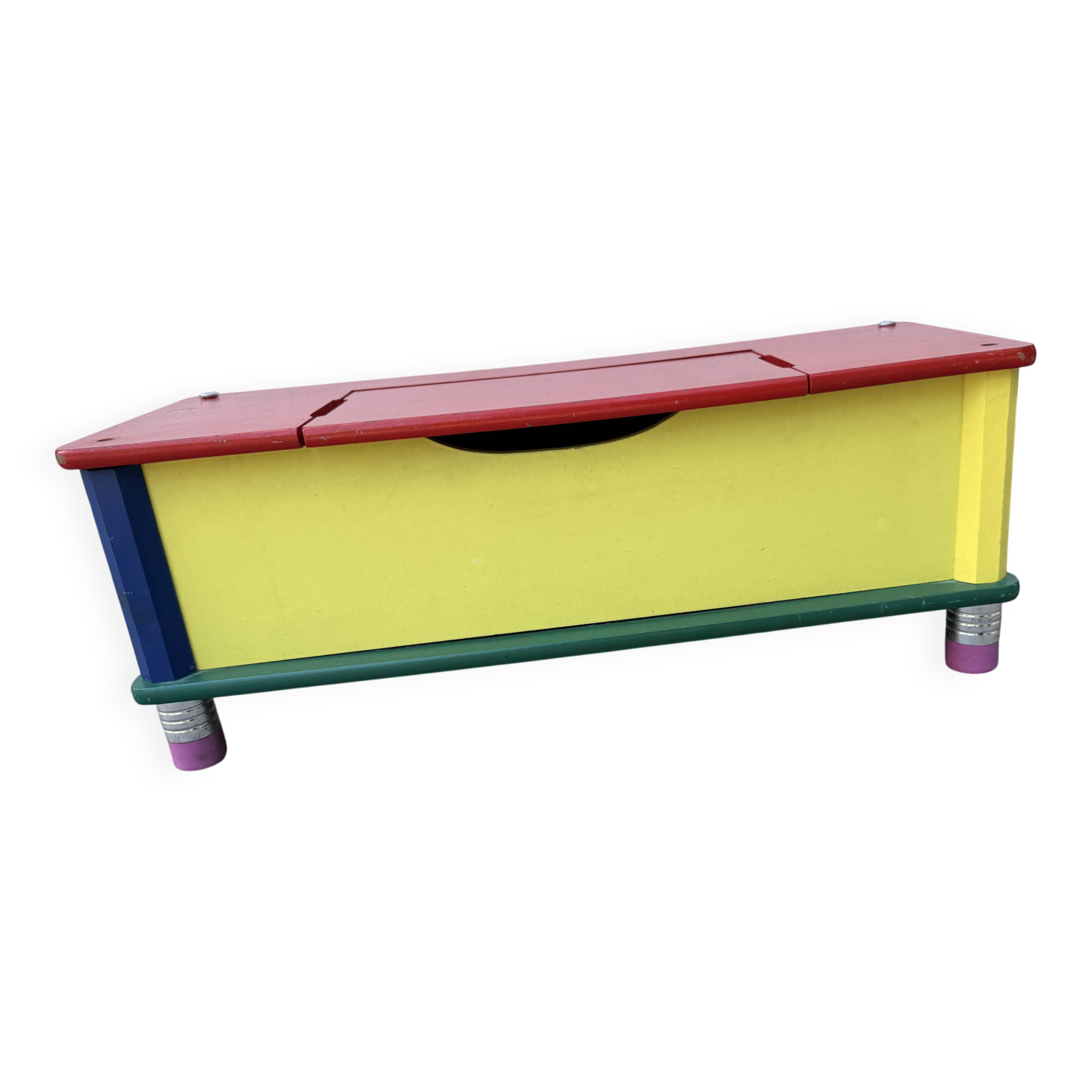 Banc-coffre années 80 Pierre Sala crayons