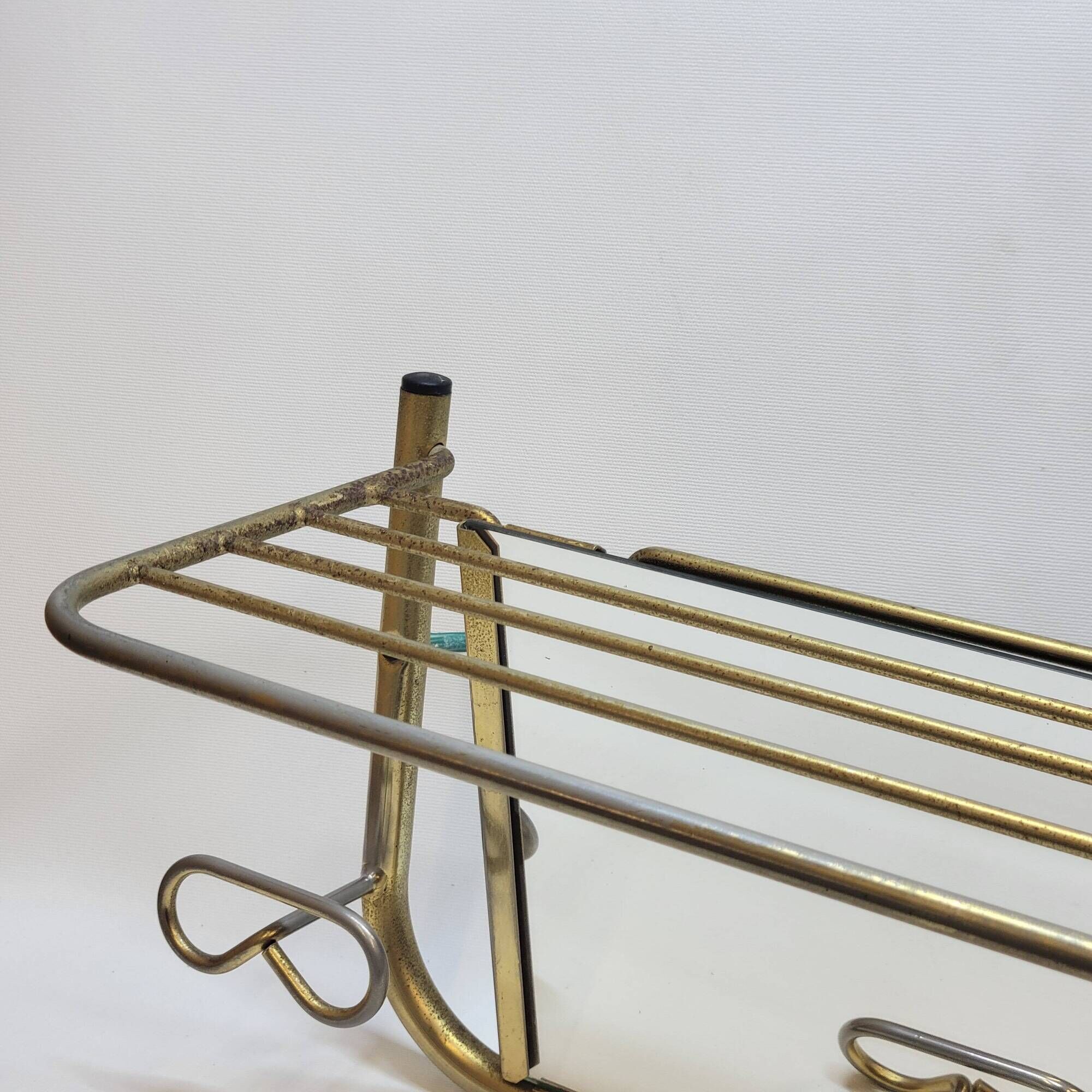 Coat rack with 4 hooks with shelf and vintage mirror in golden metal