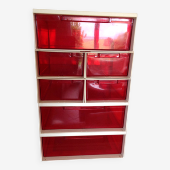 Module with 7 drawers in red and white plexiglass / vintage 60s-70s