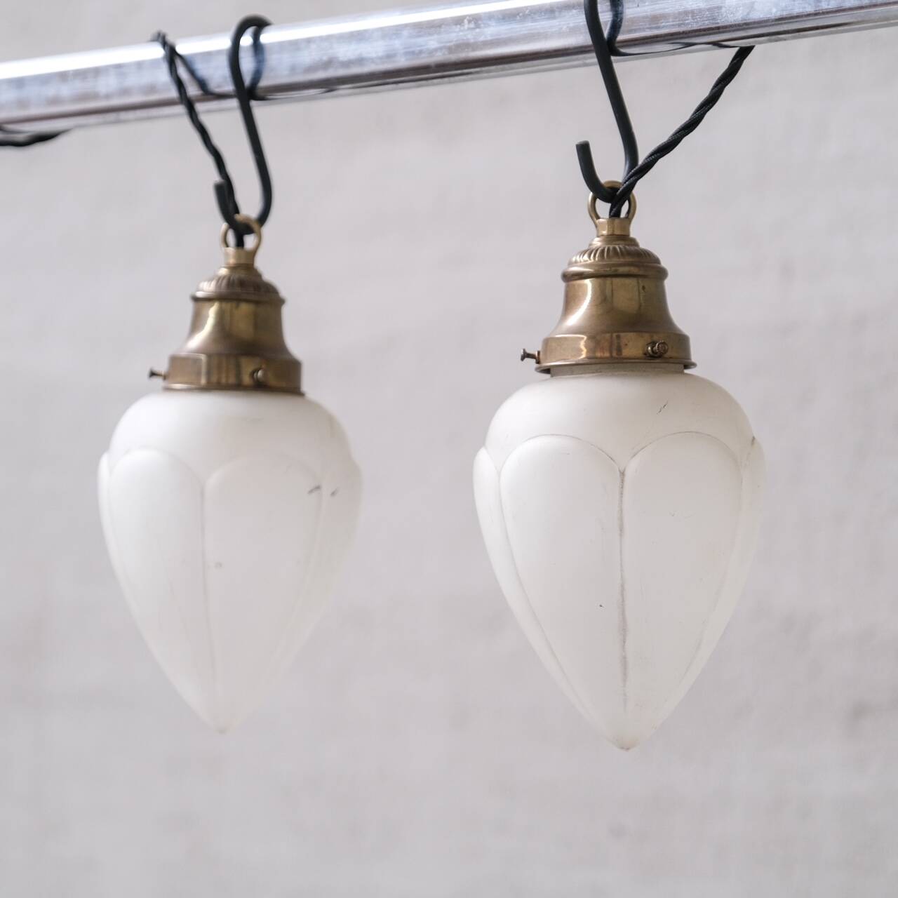 Pair of opaque glass and brass french opaline pendants