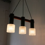 Hanging lamp from teak, steel, and glass