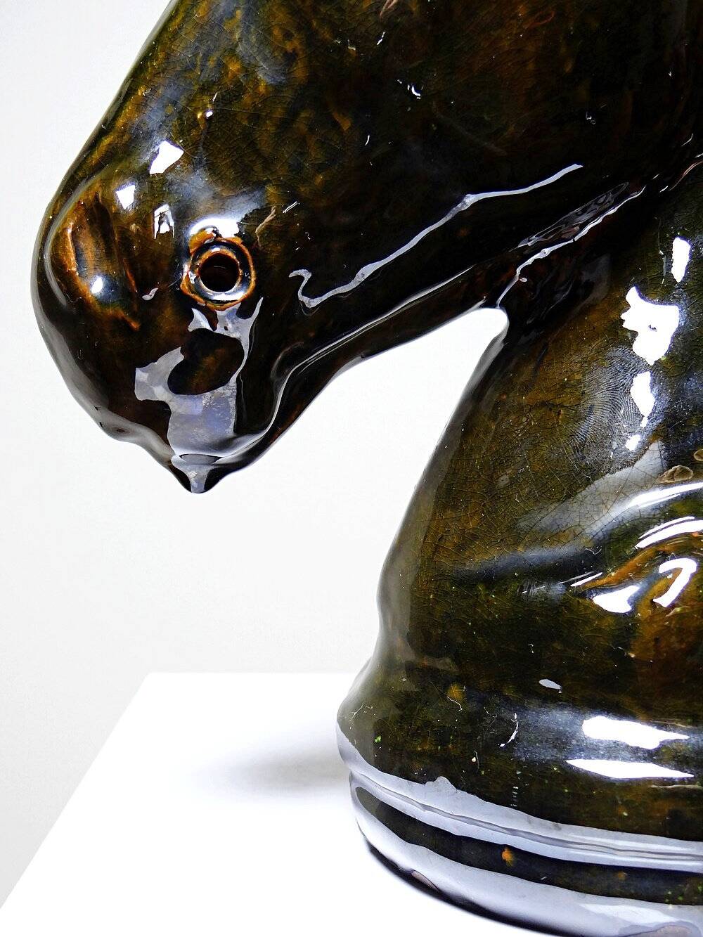 Vintage 1980s glazed terracotta chess knight or horse head.