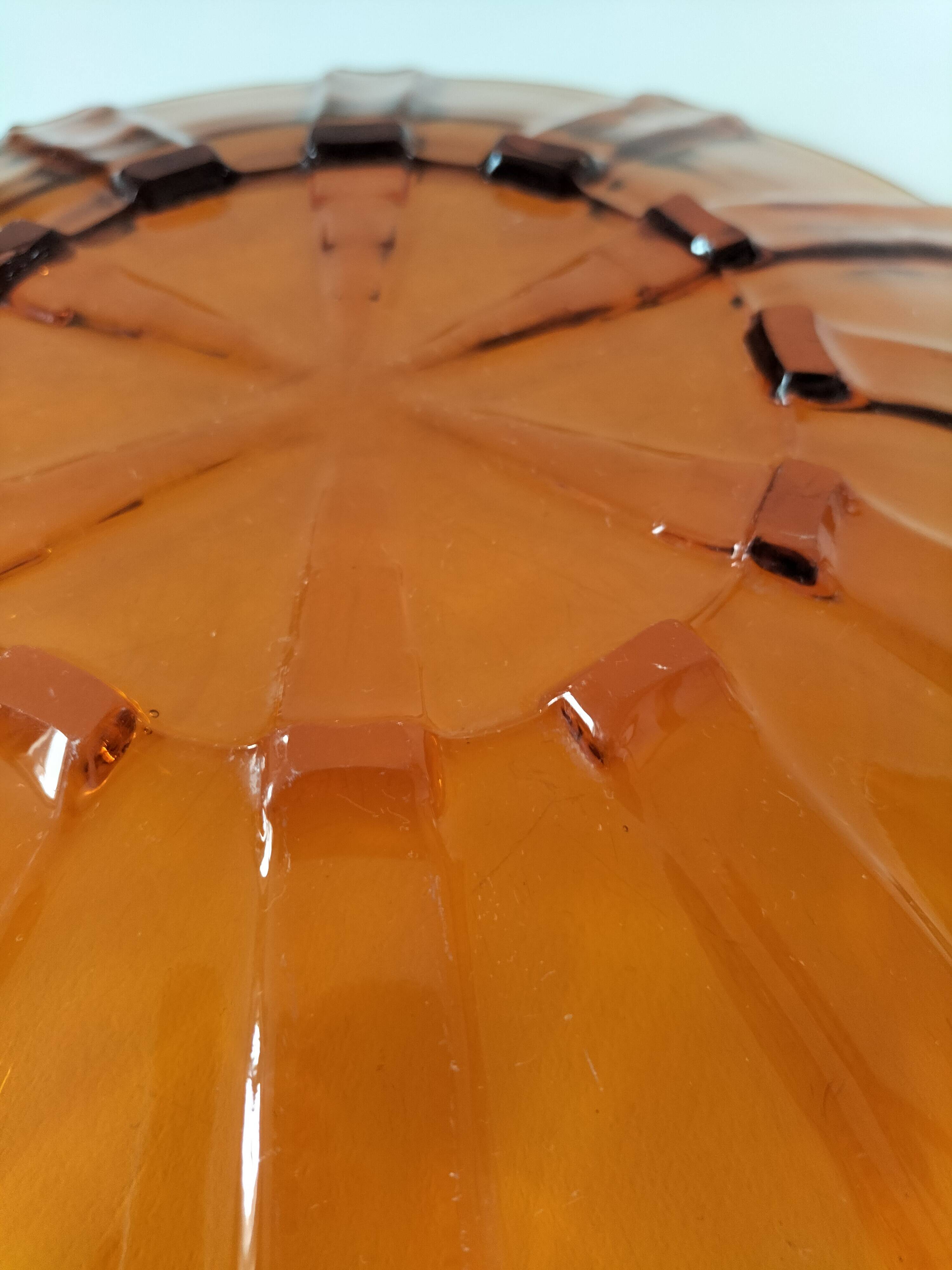Large amber molded pressed glass dish