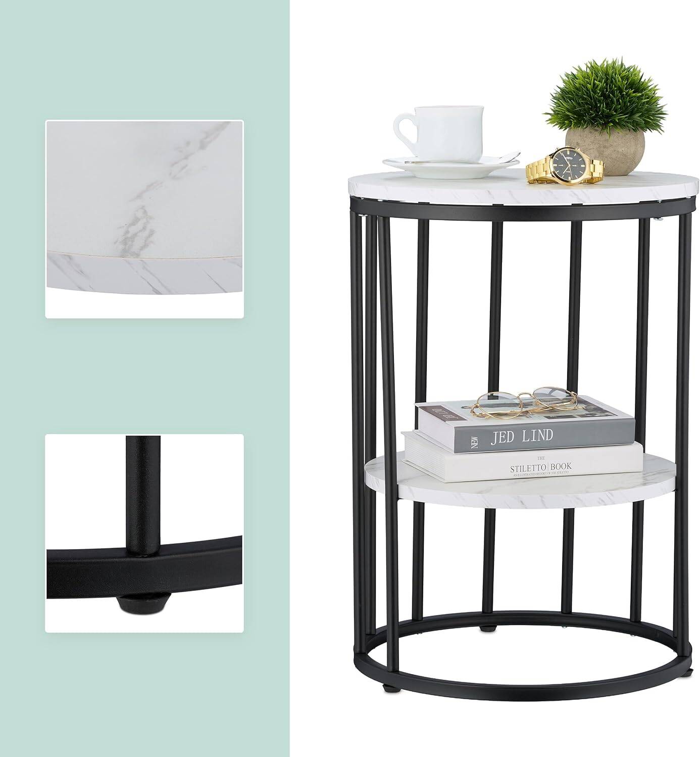 Relaxdays Side Table, 2 Marble Look Tabletops, Metal and MDF, H x D: 57 x 40 cm, for Living Room, White and Gold